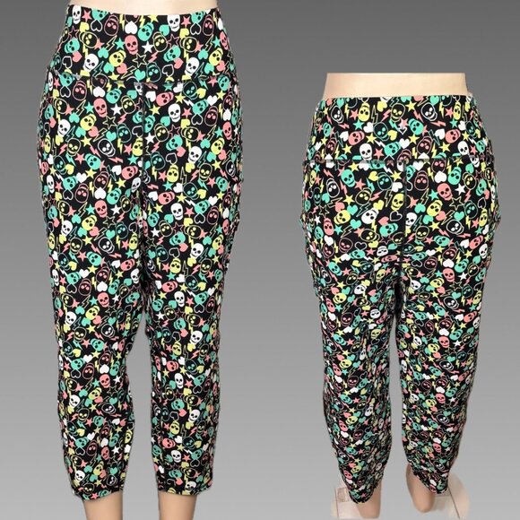 Torrid +5 Black Neon Skull Print Wide Stretch Waistband High Rise Crop Leggings - Picture 1 of 6